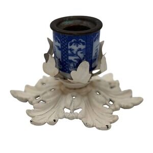 Vintage Cast Iron Blue White Porcelain Candlestick Holder Chinoiserie Landscape